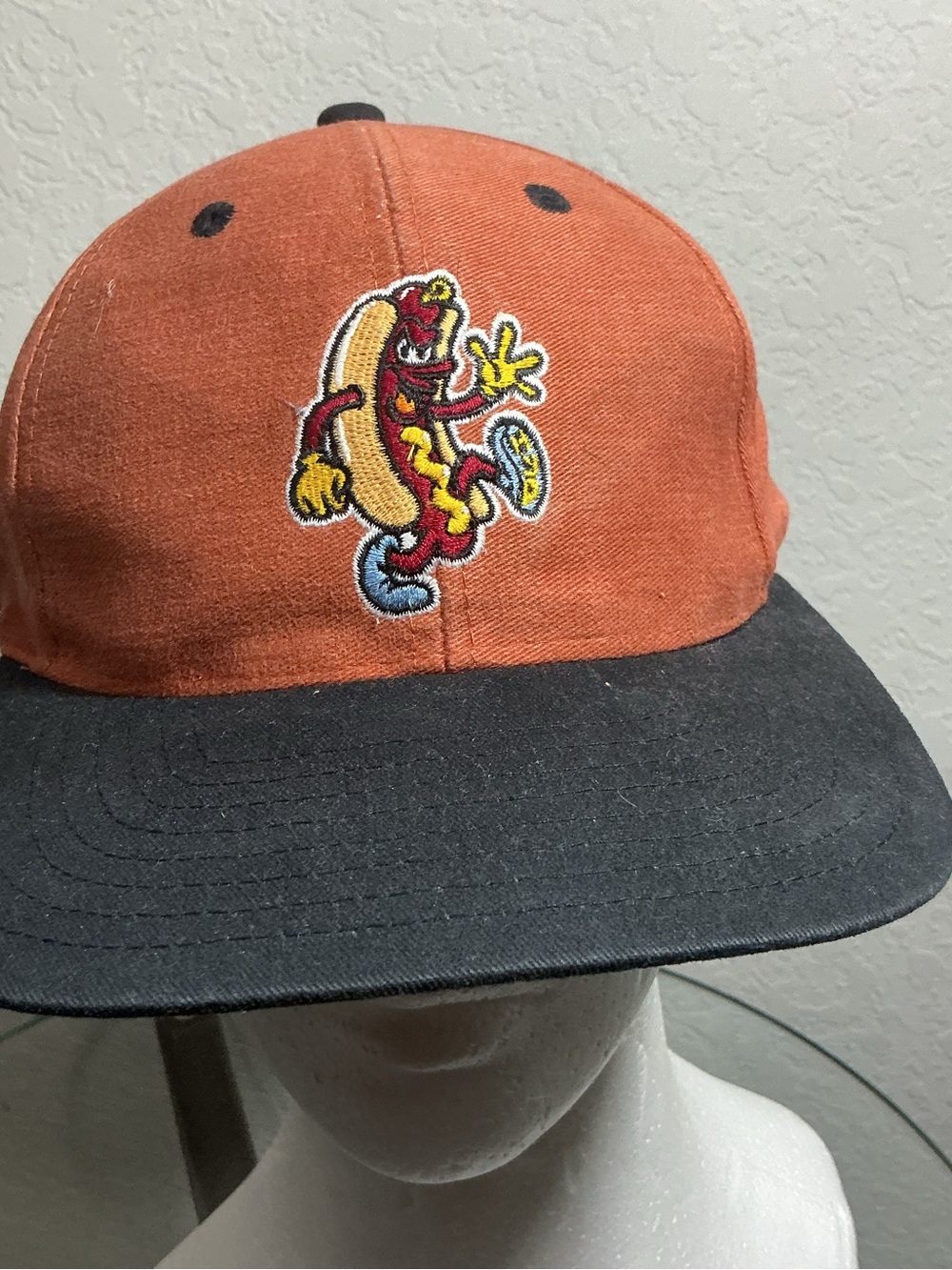 🌭Vintage HYP Animated Hot Dog Embroidered Snapback Hat Two Tone Orange Black
